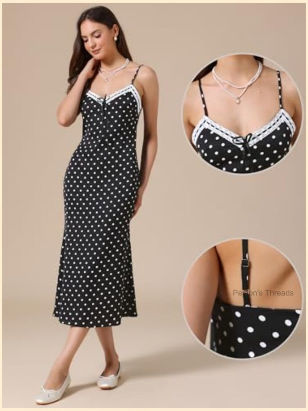 Sleeveless V Neck Polka Dot Midi Dress with Lace Trim - Picture 4 of 5